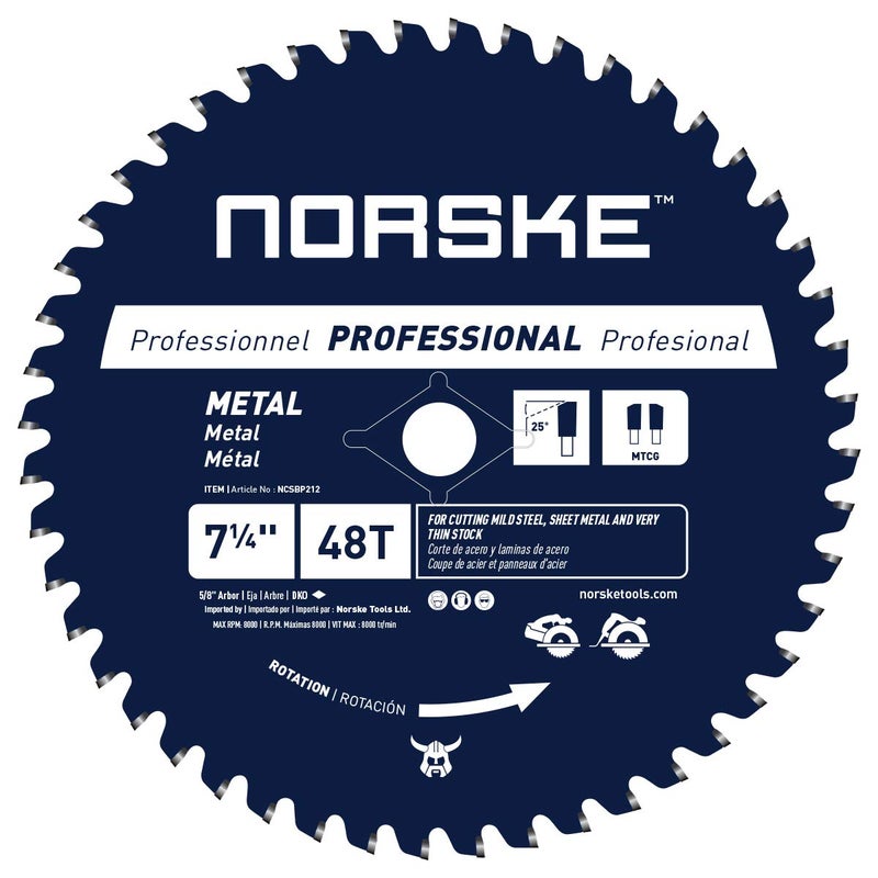 Norske Tools NCSBP212 7-1/4 inch 48T Metal Cutting Saw Blade For Steel Roofing, Metal Siding, Steel Pipe, Steel Studs & More 5/8 inch Bore - Image 1